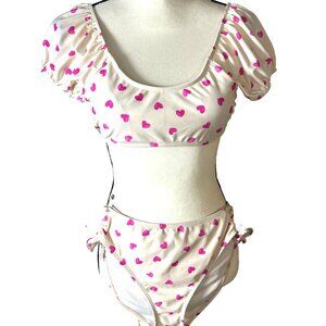 Decree Hearts 2 Pc Swimsuit Bikini S Puff Sleeve Cream Pink Barbie Coastal Beach